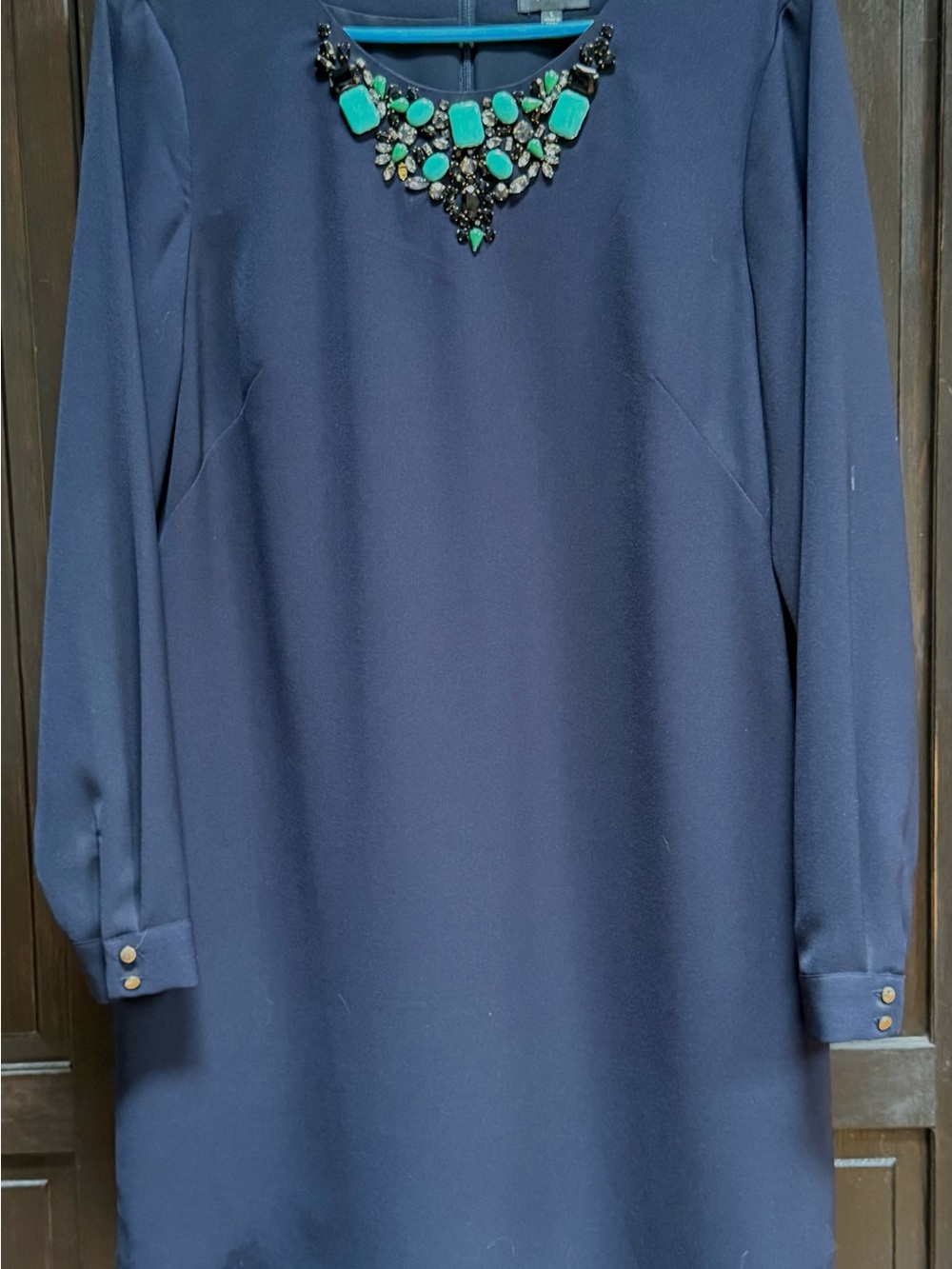 Adrianna Papell Navy Shift Dress with Emerald Jewel Collar